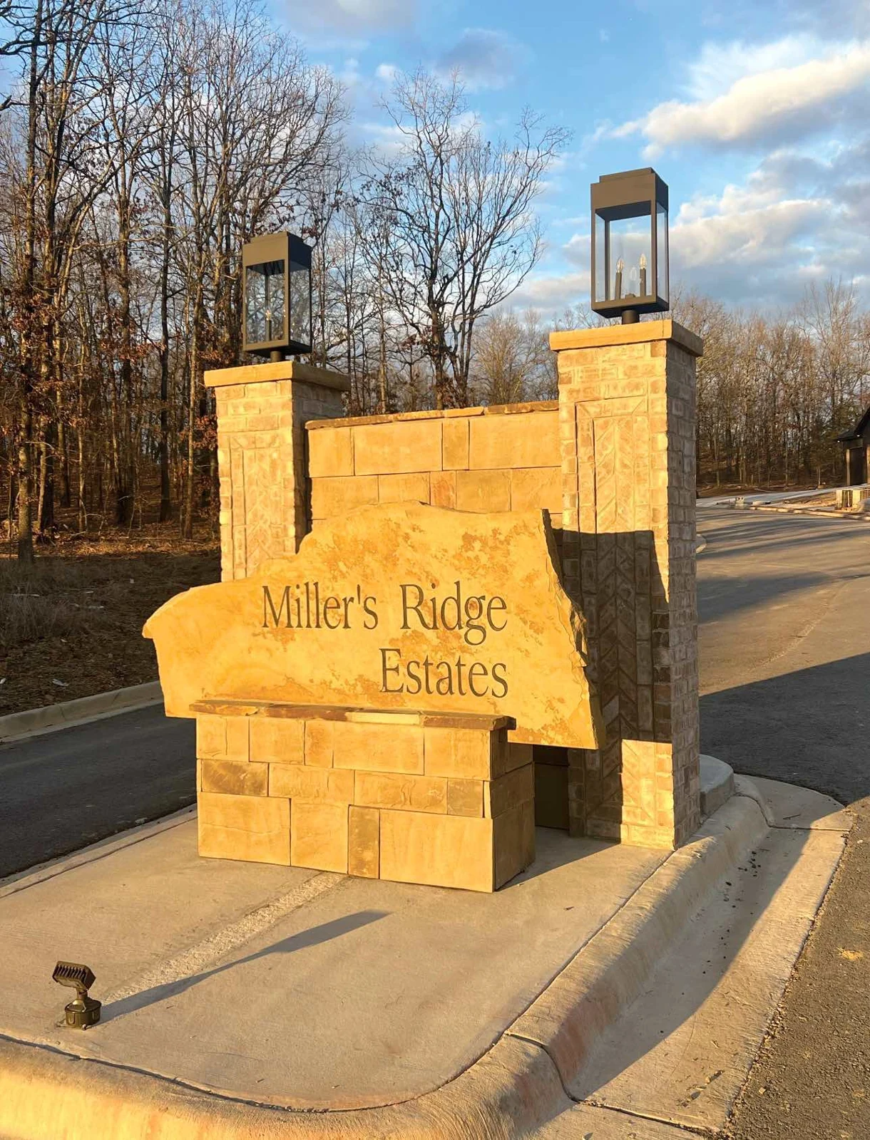 Miller’s Ridge Estates stone entrance on Fern Ridge Road